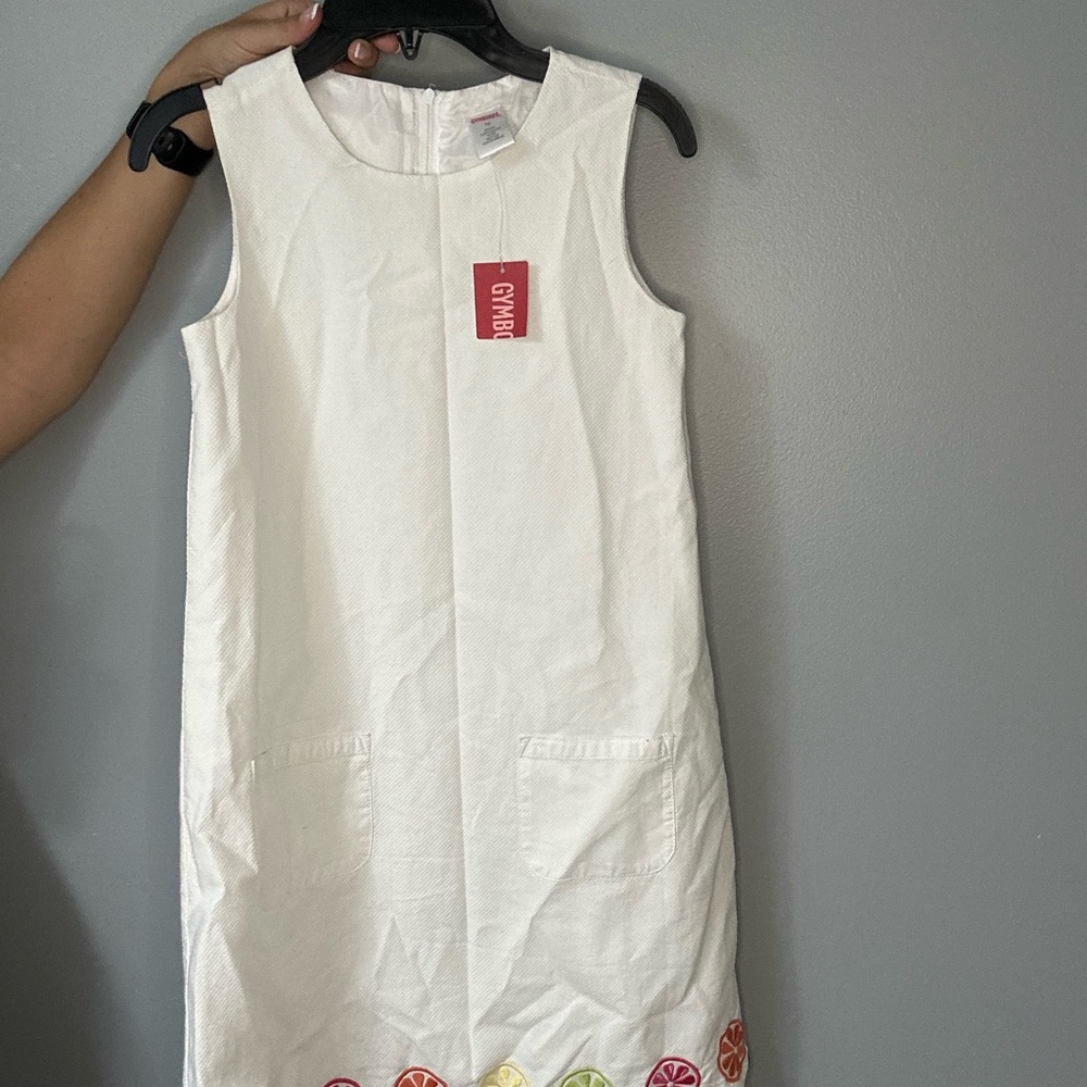 White Sleeveless Kids Dress with Colorful Hem